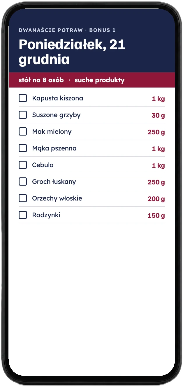Strona z bonusu Lista zakupów do wydruku, na ekranie telefonu